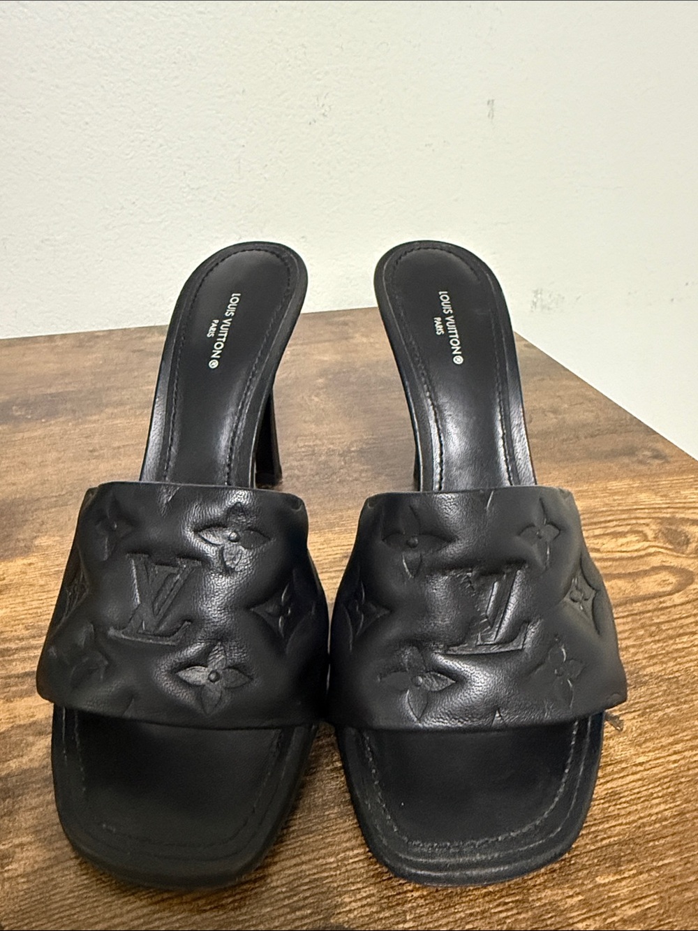 Louis Vuitton Black Embossed Monogram Leather Mule Sandals